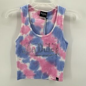 Von Dutch sz Small Pink, Blue Tie Dye Bedazzled Bling Logo Tank Top New